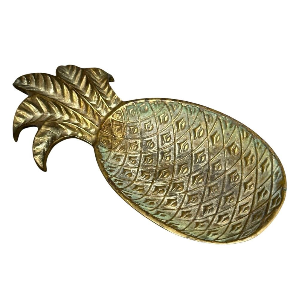 Vintage solid brass footed pineapple dish 8x4 patina verdigris textured trinket